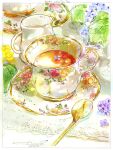  cup dated drink food food_focus no_humans original painting_(medium) saucer spoon tea teacup tina_(tinashan2) traditional_media watercolor_(medium) 