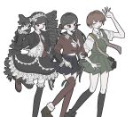  3girls arm_up black_hair black_jacket black_nails black_skirt black_thighhighs blush celestia_ludenberg center_frills danganronpa:_trigger_happy_havoc danganronpa_(series) danganronpa_2:_goodbye_despair danganronpa_v3:_killing_harmony drill_hair freckles frills from_side grey_shirt hair_ornament hairclip harukawa_maki headdress highres jacket kneehighs koizumi_mahiru layered_skirt long_hair low_twintails miniskirt multiple_girls nail_polish necktie nun_(xh1uk) plaid plaid_necktie plaid_skirt red_footwear red_thighhighs redhead shirt shoes short_hair short_sleeves skirt socks thigh-highs twin_drills twintails zettai_ryouiki 