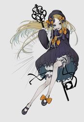  1girl abigail_williams_(fate) absurdres black_bow black_dress black_hat blonde_hair bloomers blue_eyes bow dress fate/grand_order fate_(series) floating_hair full_body grey_background gs999000 hair_bow heart highres holding holding_key key long_hair looking_at_viewer mary_janes multiple_hair_bows orange_bow oversized_object parted_bangs parted_lips polka_dot polka_dot_bow shoes simple_background sleeves_past_fingers sleeves_past_wrists smile solo 