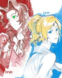  2girls 9gamerkgk aerith_gainsborough blonde_hair blue_eyes braid braided_ponytail brown_hair cropped_jacket dress final_fantasy final_fantasy_vii final_fantasy_xv green_eyes hair_ribbon highres jacket korean_commentary long_hair looking_at_viewer lunafreya_nox_fleuret multiple_girls parted_bangs pink_dress pink_ribbon ponytail red_jacket ribbon smile square_enix white_dress 