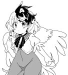  1girl animal animal_on_head bird bird_on_head bird_tail bird_wings blush chick closed_mouth dress feathered_wings greyscale highres ini_(inunabe00) monochrome multicolored_hair niwatari_kutaka on_head shirt short_hair short_sleeves simple_background solo tail touhou two-tone_hair white_background wings 
