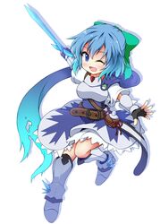  1girl alternate_costume belt black_gloves blue_cape blue_dress blue_hair blush bow brown_belt canteen cape cirno dress drop_shadow fingerless_gloves gloves green_bow highres holding holding_sword holding_weapon one_eye_closed open_mouth simple_background solo sword touhou weapon white_background yuuhi_alpha 