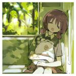  1girl backpack bag brown_hair brown_skirt closed_eyes collared_shirt commentary day drooling girls_band_cry grey_shirt iseri_nina plaid plaid_skirt shirt short_sleeves short_twintails sitting skirt sleeping solo train_interior twintails yurisaki929 