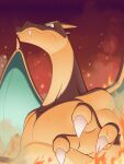  absurdres animal_focus blue_eyes charizard claws closed_mouth collarbone dragon embers fangs fangs_out fire hand_up highres kihada_magulo looking_at_viewer no_humans pectorals pokemon pokemon_(creature) red_background serious simple_background smoke solo standing underlighting upper_body 