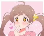  +_+ 1girl ahoge blush border brown_eyes brown_hair commentary_request dot_nose finger_to_mouth goma_konbu hair_ornament hakozaki_serika hands_up heart idolmaster idolmaster_million_live! lone_nape_hair long_hair looking_ahead motion_lines outside_border pink_background pink_shirt portrait raised_eyebrows shirt solo star_(symbol) star_hair_ornament swept_bangs tareme twintails white_border 