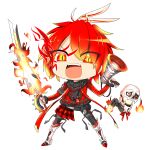  1boy belt black_belt black_pants black_scarf boots character_request chibi commentary_request eyes_visible_through_hair flamethrower flaming_sword flaming_weapon floating_skull full_body hair_between_eyes holding holding_megaphone holding_sword holding_weapon hop_step_jumpers jacket leg_belt lets0020 long_sleeves looking_at_viewer male_focus medium_bangs megaphone open_mouth pants red_eyes red_jacket redhead scarf short_hair simple_background slit_pupils smile solo sword teeth transparent_background upper_teeth_only weapon white_footwear 