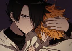  1boy 1girl black_eyes black_hair black_sweater braid closed_mouth emma_(yakusoku_no_neverland) hair_over_one_eye hand_on_another&#039;s_head hood hood_down hoodie meua_2 orange_hair purple_background ray_(yakusoku_no_neverland) short_hair side_braid simple_background single_braid sweater turtleneck turtleneck_sweater white_hoodie yakusoku_no_neverland 