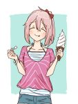 1girl aqua_t-shirt food ice_cream kagamihara_nadeshiko long_hair pink_hair pink_t-shirt summer summer_clothes t-shirt twintails yurucamp