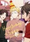  3boys ahoge atou_haruki blonde_hair blurry blurry_background braid brown_hair brown_sweater chinese_commentary closed_eyes closed_mouth commentary_request english_text green_eyes green_shirt happy_birthday harada_minoru hat highres indoors isoi_reiji long_sleeves male_focus multiple_boys open_mouth parted_bangs party_hat red_shirt ribbed_sweater saibou_shinkyoku scar scar_on_face scar_on_forehead shirt short_hair short_sleeves side_braid smile sweat sweater turtleneck turtleneck_sweater upper_body xiaxiajiang 