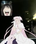  2girls akemi_homura axy_cang black_hair black_hairband choker closed_eyes commentary crossed_legs crying dress fan_screaming_at_madison_beer_(meme) gloves goddess_madoka hair_ribbon hairband highres holding holding_microphone inset kaname_madoka kaname_madoka_(magical_girl) long_hair mahou_shoujo_madoka_magica mahou_shoujo_madoka_magica:_hangyaku_no_monogatari meme microphone multiple_girls music one_eye_closed open_mouth photo_background pink_hair pink_thighhighs ribbon short_twintails singing sitting teeth thigh-highs twintails white_choker white_dress white_gloves white_ribbon 