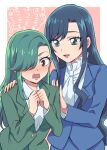  2girls blue_hair blush delicious_party_precure fuwa_hatsuko green_eyes green_hair hair_over_one_eye hand_on_another&#039;s_shoulder height_difference highres long_hair long_sleeves mofuko multiple_girls precure puffy_long_sleeves puffy_sleeves red_eyes secretoru_(precure) shirt shy suit swept_bangs upper_body white_shirt 