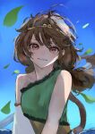  1girl bare_shoulders blue_dress bo_staff brown_eyes brown_hair brown_tail circlet commentary_request detached_sleeves dress eneshi frilled_dress frills green_dress highres leaf monkey_girl monkey_tail multicolored_clothes multicolored_dress outdoors prehensile_tail ruyi_jingu_bang single-shoulder_dress single_detached_sleeve single_strap solo son_biten tail touhou white_sleeves yellow_dress 