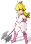  1girl axe blonde_hair blue_eyes bodysuit boots crown earrings english_commentary gloves hand_on_own_hip highres holding holding_axe jewelry lipstick long_hair makeup pink_gloves princess_peach sidelocks smile solo standing super_mario_bros. tagme tonyneely white_bodysuit 