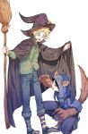  2boys agaeha1234 animal_ears animal_hands asymmetrical_legwear blonde_hair blue_eyes broom cape chullo claws craig_tucker denim ears_through_headwear hat hat_ornament holding holding_broom jack-o&#039;-lantern jack-o&#039;-lantern_hat_ornament jeans long_sleeves male_focus mismatched_legwear multiple_boys on_one_knee open_mouth pants pants_rolled_up shoes short_hair sneakers socks south_park striped_clothes striped_socks suspenders tail tweek_tweak v-shaped_eyebrows werewolf_costume witch_hat wolf_ears wolf_tail 