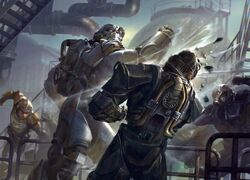  4boys armor battle billy_christian factory fallout_(series) indoors multiple_boys power_armor_(fallout) punching robot stairs 