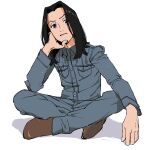  1boy anzaiteru_099 arm_on_knee beck biting_own_lip black_eyes black_hair blue_jumpsuit brown_footwear full_body hand_on_own_chin head_rest indian_style jumpsuit long_hair long_sleeves looking_at_viewer male_focus minami_ryuusuke parted_lips shadow shoes simple_background sitting solo white_background 