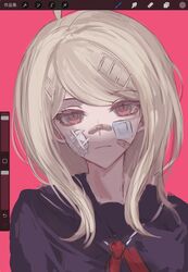  1girl ahoge akamatsu_kaede bandaid bandaid_on_cheek bandaid_on_face bandaid_on_nose black_sailor_collar black_shirt blonde_hair brown_eyes danganronpa_(series) danganronpa_v3:_killing_harmony expressionless fu_ga_(vivi912912) hair_ornament hairclip highres long_hair neckerchief official_alternate_costume pink_background red_neckerchief sailor_collar shirt solo 