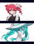  2girls bbunny black_dress blue_eyes blue_hair closed_mouth dress drill_hair hat hatsune_miku kasane_teto kasane_teto_(sv) long_hair long_sleeves looking_at_another lower_(vocaloid) maid maid_headdress multiple_girls musical_note_earrings neck_ribbon pink_eyes pink_hair pink_ribbon ribbon sidelocks simple_background smile synthesizer_v twin_drills upper_body utau very_long_hair vocaloid white_background white_hat witch_hat 