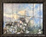  1girl angel angel_wings bird black_hair blue_sky branch clouds cloudy_sky crow day flower long_hair original painting_(medium) picture_frame ponytail rie_matsue sky solo traditional_media watercolor_(medium) white_flower wings 