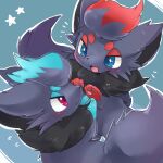  alternate_color animal_focus black_fur blue_eyes blue_fur blush choko_(sweetpocket) closed_mouth fang grey_hair highres looking_at_another no_humans open_mouth pawpads pokemon pokemon_(creature) red_eyes red_fur redhead shiny_pokemon smile two-tone_fur zorua 
