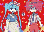  2girls apron arrow_(symbol) black_eyes black_necktie blue_dress blue_hat buttons collared_dress collared_shirt confetti crazy dress drill_hair empty_eyes english_commentary english_text gloves hair_between_eyes hair_intakes hat hatsune_miku highres kasane_teto kokum0tsu long_hair looking_at_another looking_at_viewer medium_hair mesmerizer_(vocaloid) multiple_girls necktie open_mouth pants pinstripe_dress pinstripe_hat pinstripe_pattern puffy_short_sleeves puffy_sleeves red_background red_eyes red_hat red_pants red_suspenders shaded_face sharp_teeth shirt short_sleeves sidelocks simple_background spiral striped_clothes striped_dress striped_headwear striped_shirt sweat sweatdrop synthesizer_v teeth tongue tongue_out twin_drills twintails utau vertical-striped_clothes vertical-striped_dress vertical-striped_headwear vertical-striped_shirt very_long_hair visor_cap vocaloid white_shirt white_wrist_cuffs wrist_cuffs yellow_gloves 