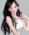  1girl bare_shoulders black_hair blue_nails collarbone commentary crop_top grey_background grey_eyes highres komadakoma1 long_hair looking_at_viewer midriff nail_polish original parted_lips simple_background solo tank_top white_tank_top 