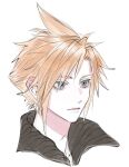  1boy aqua_eyes blonde_hair closed_mouth cloud_strife final_fantasy final_fantasy_vii final_fantasy_vii_advent_children grey_shirt looking_to_the_side male_focus pale_skin popped_collar portrait shirt short_hair shunkafuyu solo spiky_hair upper_body white_background 
