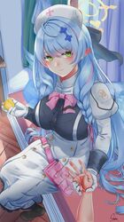  1girl 1other angel angel_wings animal bird blue_archive blue_eyes blue_hair braid breasts chick dress foreshortening halo hat highres holding holding_animal holding_another's_wrist juliet_sleeves large_breasts long_sleeves looking_at_viewer low_twin_braids mine_(blue_archive) noir_(nowaru) nurse_cap pointy_ears pov puffy_sleeves sitting twin_braids upturned_eyes white_dress wings 