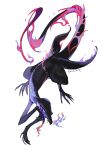  animal_focus artist_name colored_sclera fire flame-tipped_tail full_body highres kamikiririp long_tongue no_humans open_mouth pink_eyes pokemon pokemon_(creature) purple_fire purple_sclera reptile salazzle sharp_teeth signature simple_background slit_pupils solo teeth tongue tongue_out white_background 