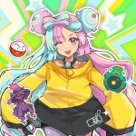  1girl ;d bellibolt black_shorts bow-shaped_hair character_hair_ornament collarbone commentary electrode_(pokemon) eyelashes hair_ornament happy highres iono_(pokemon) jacket long_sleeves looking_at_viewer ming-shuang mismagius multicolored_hair one_eye_closed open_mouth pink_eyes pokemon pokemon_sv shorts single_leg_pantyhose sleeves_past_fingers sleeves_past_wrists smile sparkle star_(symbol) star_print symbol-only_commentary teeth two-tone_hair upper_teeth_only yellow_jacket 
