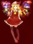  1girl 2015 ascot black_thighhighs blonde_hair bow closed_mouth collared_shirt dated flandre_scarlet frilled_shirt_collar frilled_skirt frills full_body glowing glowing_wings hat hat_bow hat_ribbon light_smile looking_at_viewer mary_janes medium_hair mensao_de_chuanchati mob_cap multicolored_wings one_side_up puffy_short_sleeves puffy_sleeves red_background red_bow red_eyes red_footwear red_ribbon red_skirt red_vest ribbon ribbon-trimmed_headwear ribbon_trim shirt shoes short_sleeves simple_background skirt skirt_set sleeve_ribbon solo striped_clothes striped_thighhighs thigh-highs touhou vertical-striped_clothes vertical-striped_thighhighs vest white_hat white_shirt wings yellow_ascot 