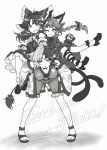  3girls absurdres animal_ears bow breasts carbohydrate_(asta4282) carrying cat_ears cat_girl cat_tail commentary_request cow_ears cow_girl cow_horns cow_tail english_text full_body greyscale hair_bow hair_tubes hakurei_reimu highres horns kaenbyou_rin leg_ribbon looking_at_viewer medium_hair milestone_celebration monochrome multiple_girls multiple_tails one_eye_closed open_mouth ribbon shorts sidelocks simple_background standing tail touhou two_tails ushizaki_urumi 
