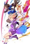  3girls :d admire_vega_(umamusume) animal_ears asymmetrical_gloves black_gloves blonde_hair boots brown_hair cape crown ear_covers from_side gloves hair_ribbon highres horse_ears horse_girl horse_tail long_hair long_sleeves low_ponytail mini_crown mismatched_gloves multiple_girls narita_top_road_(umamusume) necktie orange_hair pink_cape purple_footwear purple_shorts quatraise ribbon short_hair shorts single_ear_cover smile t.m._opera_o_(umamusume) tail twitter_username two-tone_skirt umamusume umamusume:_road_to_the_top violet_eyes white_gloves white_necktie white_ribbon 