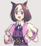  1girl animal_ears bow breasts brown_hair clenched_hands collared_shirt cropped_jacket cropped_torso ear_bow grey_background horse_ears jacket looking_at_viewer multicolored_hair neck_ribbon open_clothes open_jacket open_mouth puffy_short_sleeves puffy_sleeves ribbon shirt short_hair short_sleeves simple_background small_breasts smile solo special_week_(umamusume) two-tone_hair umamusume upper_body uruimu vest violet_eyes white_jacket white_shirt wrist_cuffs 