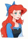  1girl aqua_eyes ariel_(disney) black_dress blue_bow blue_shirt bow breasts closed_mouth disney dress hair_bow hair_over_shoulder half_updo long_hair looking_to_the_side medium_breasts portrait red_lips redhead shirt shirt_under_dress signature smile solo strapless strapless_dress swept_bangs the_little_mermaid upper_body wavy_hair white_background yokotn 