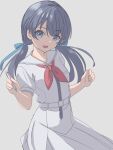  1girl :d backlighting blue_eyes blue_hair blue_ribbon commentary dark_blue_hair dress grey_background hair_ribbon hands_up hasu_no_sora_school_uniform holding holding_pencil link!_like!_love_live! long_hair looking_at_viewer love_live! low_twintails masaki_(masakinariya) mechanical_pencil murano_sayaka neckerchief open_mouth pencil pleated_dress red_neckerchief ribbon sailor_collar sailor_dress school_uniform short_sleeves smile solo summer_uniform twintails virtual_youtuber white_dress white_sailor_collar 