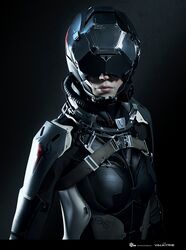  1girl belt breasts commentary company_logo company_name copyright_name dark_background dated eve:_valkyrie eve_online grey_background grey_theme highres lips logo medium_breasts nose official_art photorealistic pilot pilot_helmet pilot_suit realistic science_fiction solo undoz upper_body 
