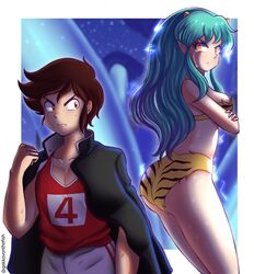 1girl animal_print bikini breasts cone_horns gekkovonthefish green_hair highres horns long_hair lum moroboshi_ataru oni pointy_ears swimsuit takahashi_rumiko_(style) tiger_print urusei_yatsura 