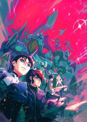  1girl 3boys aircraft airplane amuro_ray assault_visor av-98_ingram blue_eyes choujikuu_yousai_macross cover_image crossover eva_00 eva_01 eva_02 fighter_jet frown glowing glowing_eye gundam helmet highres holding holding_helmet holding_polearm holding_weapon horns ichijou_hikaru ikari_shinji izumi_noa jet kaibun_(magazine) kidou_keisatsu_patlabor lance_of_longinus_(evangelion) macross mazinger_(series) mazinger_z mecha military_vehicle mobile_suit_gundam multiple_boys multiple_crossover neon_genesis_evangelion official_art open_mouth pilot_suit plugsuit polearm robot rx-78-2 single_horn super_robot the_end_of_evangelion toni_infante unworn_headwear unworn_helmet vf-1 weapon 