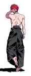  1boy arm_behind_head bare_back bare_shoulders barefoot black_nails black_pants chain_necklace from_behind full_body hand_on_own_head harai_kuko highres hypnosis_mic japanese_clothes jewelry male_focus necklace pants redhead shadow short_hair simple_background solo tori_shiru 