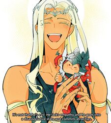  1boy 1girl armor blonde_hair character_request colored_skin drenched-in-sunlight elden_ring english_text gradient_background helmet highres messmer_the_impaler mini_person miniboy orange_skin queen_marika_the_eternal snake upper_body white_background 
