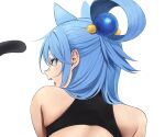  1girl alternate_costume animal_ears aqua_(konosuba) bare_shoulders blue_hair blush cat_ears cat_girl cat_tail fang from_behind hair_ornament hair_rings izawa_(bhive003) kono_subarashii_sekai_ni_shukufuku_wo! long_hair portrait skindentation tail 