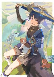  1boy absurdres anemo_symbol_(genshin_impact) arm_up armor bell black_shorts blue_eyes blue_hair blue_hat cat genshin_impact hat highres holding holding_clothes holding_hat japanese_armor japanese_clothes jingasa kimono kote kurokote mushroom neck_bell open_mouth scaramouche_(genshin_impact) short_hair shorts sitting solo stuffed_toy vision_(genshin_impact) wanderer_(genshin_impact) white_kimono yurun_(yurun_ume) 