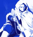  1boy aokamei beard blank_stare blue_background blue_theme cloak closed_mouth facial_hair golden_kamuy gun highres holding holding_weapon hood hooded_cloak looking_to_the_side male_focus military_uniform ogata_hyakunosuke rifle solo uniform weapon 