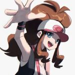  1girl :d antenna_hair baseball_cap black_vest black_wristband blue_eyes brown_hair hat highres hilda_(pokemon) long_hair open_clothes open_mouth open_vest outstretched_arm pokemon pokemon_bw ponytail qnqn_1020 simple_background smile solo upper_body vest white_background 