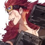  1boy cape dated eustass_kid from_side fur_cape goggles goggles_on_head highres jyukawa male_focus mechanical_arms narrowed_eyes one_piece open_mouth portrait red_cape red_eyes redhead scar scar_on_face short_hair simple_background single_mechanical_arm solo teeth white_background 