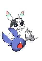  1other arrow_(projectile) arrow_in_body arrow_in_head black_sclera brown_dust_2 cat colored_sclera cracked_helmet ears_through_headwear fang helmet highres isaac_(brown_dust_2) looking_at_viewer no_humans no_nose object_through_head open_mouth simple_background smile solid_oval_eyes twing_glutti white_background yu31400 