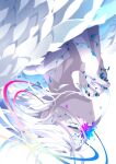  1girl angel angel_wings closed_eyes feathered_wings feathers flower flower_over_eye goma_irasuto grey_hair highres long_hair looking_at_viewer multicolored_flower nail_polish original upside-down white_feathers white_hair wings 