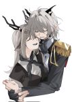  2girls alina_(arknights) animal_ears antlers arknights ascot black_ascot black_dress black_gloves black_jacket black_neckerchief closed_eyes commentary corrupted_twitter_file deer_antlers deer_ears dress epaulettes fingerless_gloves gloves grey_hair hair_ornament hairclip heads_together highres horns hug jacket jewelry long_hair molu_stranger multiple_girls neckerchief open_mouth pointy_ears ring single_glove smile talulah_(arknights) upper_body yuri 