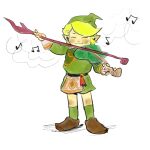  1boy :3 belt black_belt bow_(music) brown_footwear closed_eyes commentary english_commentary fado_(wind_waker) full_body green_hair green_hat green_socks green_tunic hat highres holding holding_instrument holding_violin instrument music musical_note playing_instrument pointy_ears short_hair simple_background socks solo the_legend_of_zelda the_legend_of_zelda:_the_wind_waker violin white_background yasmeen 